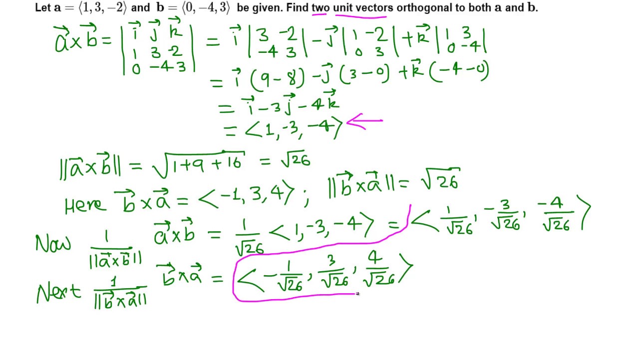 Calculus III: Finding Unit Vector Orthogonal To Both A And B - YouTube