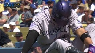 COL@LAD: CarGo shaken up after taking pitch to foot