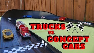 Hot Wheels Fat track Curve double hill  Semi trucks vs Concept cars Tournament race toys