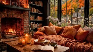 Cozy Living Room in Autumn Forest with Warm Fireplace | Smooth Piano Jazz Music for Work, Study