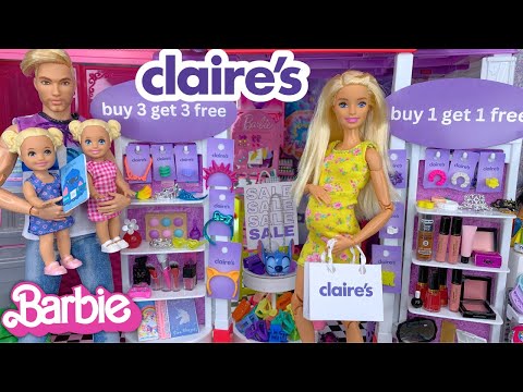 Barbie Doll Family Mall Shopping at Claire's and Bookstore
