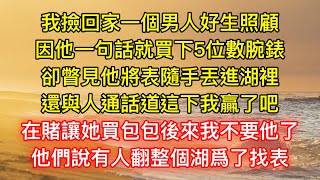 我撿回家一個男人好生照顧，因他一句話就買下5位數腕錶，卻瞥見他將表隨手丟進湖裡，還與人通話道這下我贏了吧，在賭讓她買包包後來我不要他了，他們說有人翻整個湖爲了找表