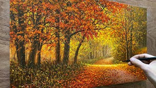 How to draw a road full of fallen leaves / Autumn landscape / Acrylic painting / A Lu Art.