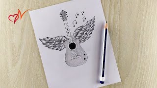 How to draw a beautiful guitar with wings | Step by step easy drawing tutorial