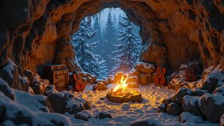 Winter Cave Atmosphere with Falling Snow and the Warmth of a Campfire ❄️ Relaxing Piano Music