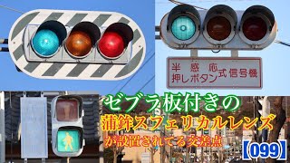 【信号機】ゼブラ板付きの京三蒲鉾スフェリカルレンズが設置されている交差点　《群馬県の信号機》