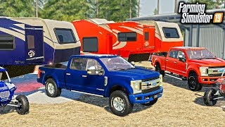 SUMMER CAMPING! CUSTOM F-250's PULLING CAMPERS UP OFF-ROAD TRAIL | FARMING SIMULATOR 2019