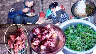 manjita is cooking watercress and pork at dinner @shepherdlifeofnepal