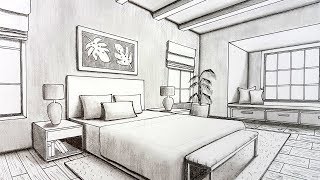 Drawing A Bedroom in Two Point Perspective | Timelapse
