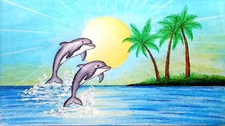 How to draw scenery of Dolphin in beach.Step by step(easy draw)