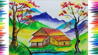 Mountain Village Scenery Drawing Colouring For Beginners/How To Draw A Beautiful Nature Sunrise