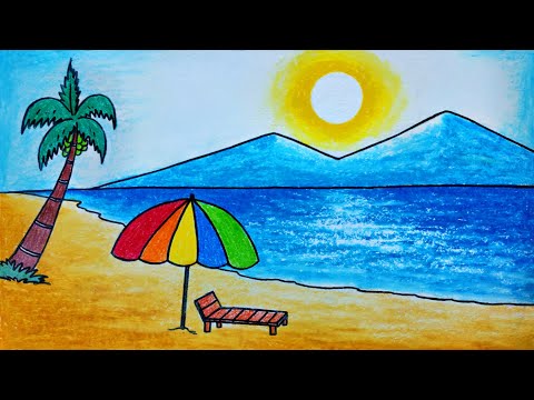 How To Draw A Sea Beach Scenery Easy | Summer Season Scenery In Sea ...