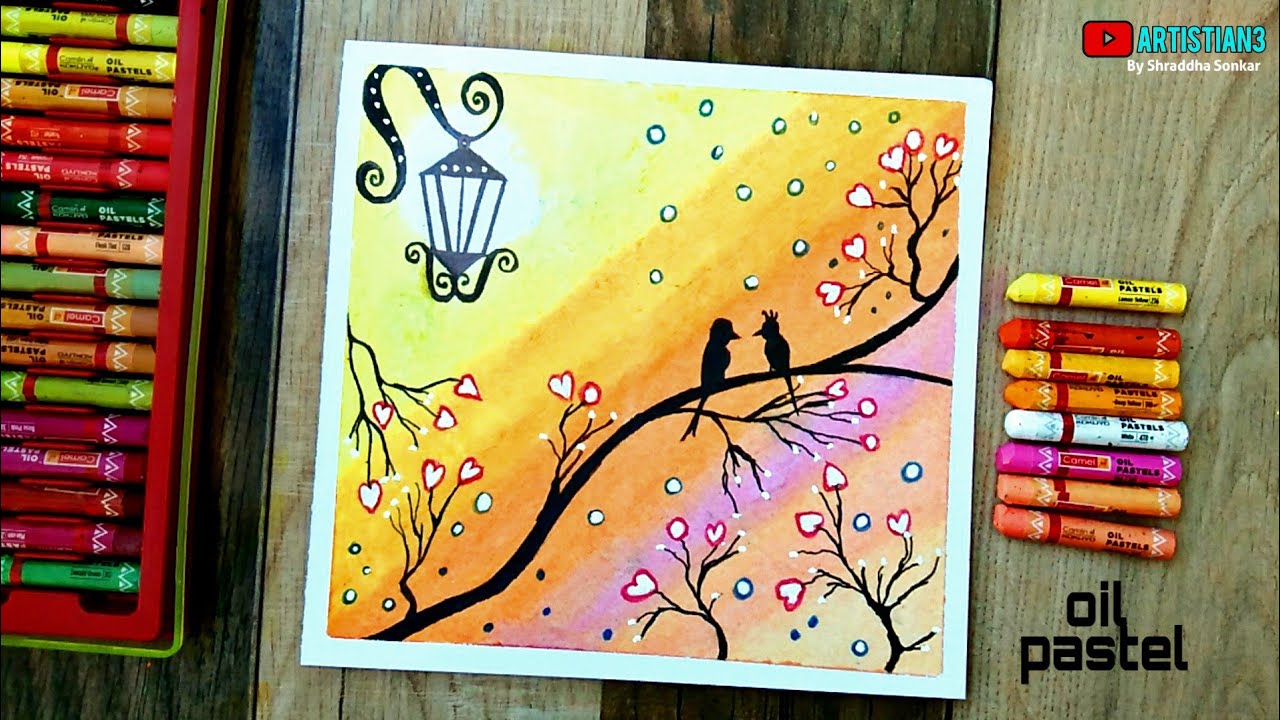 Love Birds Scenery Drawing For Beginners With Oil Pastels - Step By ...