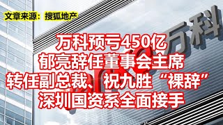 万科预亏450亿 郁亮辞任董事会主席 转任副总裁、祝九胜裸辞 深圳国资系全面接手