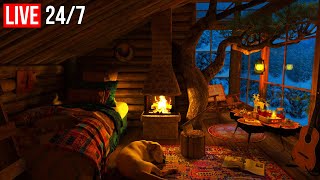 🔴 Cozy Treehouse Ambience - Blizzard & Fireplace Sounds for Sleep - Live 24/7