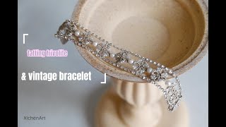 silver tatting bracelet with pearls, frivolite tatting bracelet with pearls and glass beads,