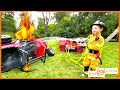 Firefighter crash rescue with kids power wheel fire truck. Educational vehicle entry | Kid Crew