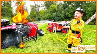 Firefighter crash rescue with kids power wheel fire truck. Educational vehicle entry | Kid Crew