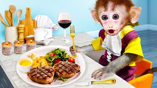 Cute Baby Monkey Bi Bon goes shopping at the Surpermarket and cooking beefsteak with puppy and cat