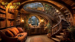 📚 Cozy Hobbit Library - Rainstorm with Lightning Thunder & Page Turning Sounds for Deep Sleep, Relax