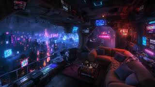 🎵 Chill Cybernetic Terrace: Rain and Ambient Music | Cyberpunk Bedroom over the City | 4K | 10 hours