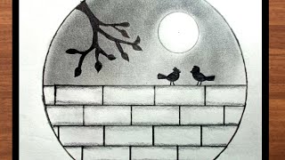 How to Draw Scenery of Moonlight Night by pencil sketch, Love Birds Scenery Drawing