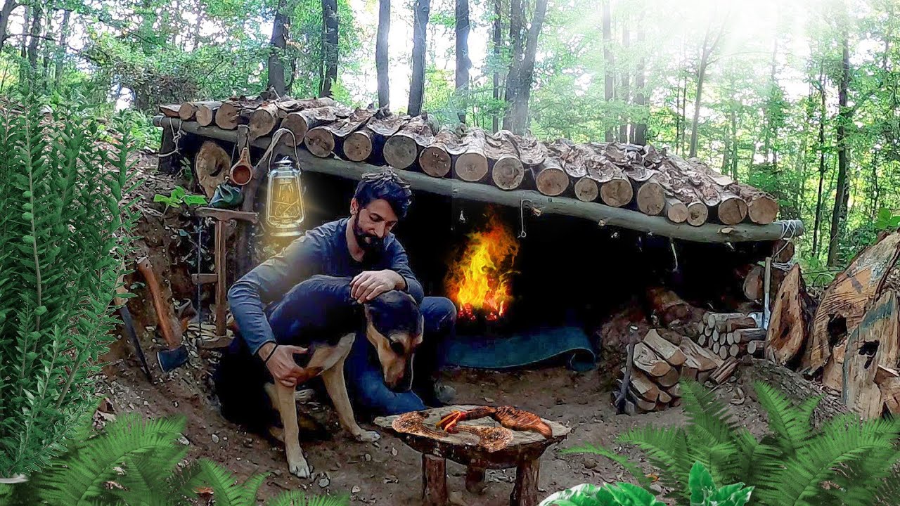 Bushcraft Shelter Camping: Building Fire Pit Roof, Survival Skills ...