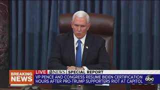 VP Mike Pence delivers remarks after rioters breach US Capitol: 'Violence never wins'