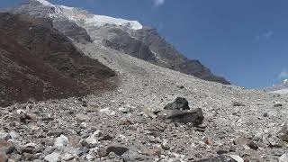 Looking at the massive glacial moraines en route to Nupchu Pokhari