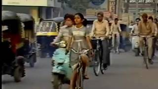 Street scenes of Rajkot, Gujarat, India, with Mahatma Gandhi High School and Gandhi statue, Dec 1987