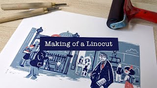 LINOCUT PRINTMAKING PROCESS: transfer, carving and printing \