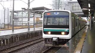 雨の中の友部駅を発車する水戸線E501系K754編成　2017.10.29