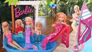 Pool Fun! Elsa & Anna Toddlers Big Barbie Pool Party! Chelsea Mermaid Toys Dolls Windsurfing Slide