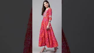 Pink \u0026 Orange Mirror Work Cotton Bandhani Printed Tiered Anarkali Kurta