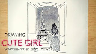 How to draw girl Watching Eiffel Tower step by step tutorial