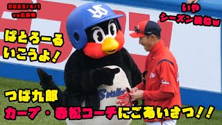 つば九郎　カープの赤松コーチにごあいさつ！　2023/4/1 vs広島