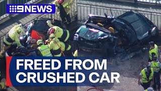 Man freed from crushed car on Sydney bridge | 9 News Australia