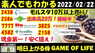 【明日上がる株】現金第一！安く狙え！2438 アスカネット！モルスタ10万株超売増し！2586 フルッタフルッタ！操縦中？4582 シンバイオ製薬！再び700台！【20220222】