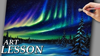 Acrylic Landscape Painting Lesson | Northern lights and night stars