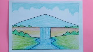 Sketsa Gambar Pemandangan Gunung Dan Air Terjun - Pedro gambar