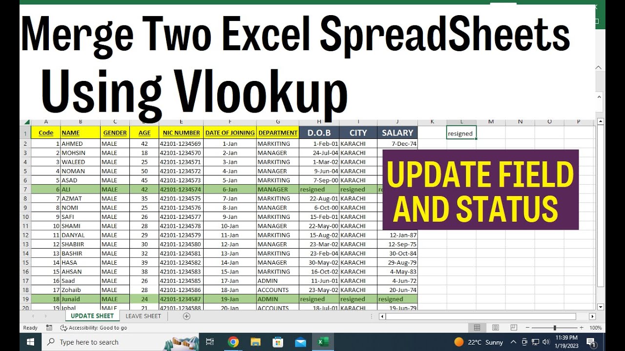 How To Merge Two Excel SpreadSheets Using Vlookup - YouTube