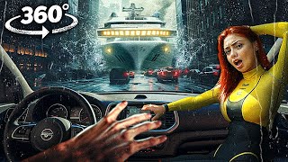 360° Port Thunderstorm - Escape Ship Moved by Flood with Girlfriend in Car VR 360 Video 4K Ultra HD