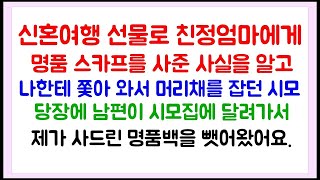 신혼여행 선물로 친정 엄마에게 명품 스카프를 사준 사실을 알고 쫓아와서 머리채를 잡던 시어머니   남편이 시모집에 가서 명품백을 도로 뺏어 왔어요   라디오드라마