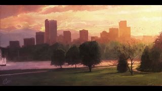 Denver Skyline from City Park - original Denver oil painting by Christopher Clark, fine art