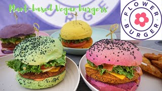 Plant-based vegan rainbow burgers - Flower Burger in Culver City, Los Angeles ロサンゼルスのカラフルなビーガンバーガー