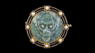 Antique Victorian Labradorite Monkey Brooch Diamond Pearl 18ct Gold