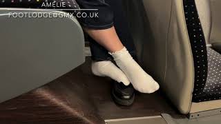 Candid Shoeplay in white socks and loafers on bus