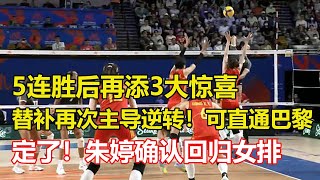 5連勝後中國女排再添3大驚喜，李盈瑩有幫手了，袁心玥師妹持續蛻變，蔡斌打造新版奇兵，朱婷確認回歸女排，名宿解釋缺席原因，蔡斌稱大門隨時敞開