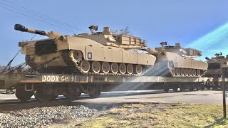 Military Move By Train, Army Tanks Fly By In A Hurry!  5 Track Private Railroad Crossing, RR Trestle