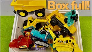 Box full of excavators and dump trucks. Vehicles Model Collection drive a Steep Hill!!